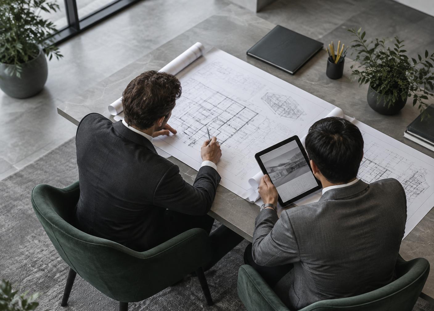 Engineers reviewing technical drawings at a consulting office