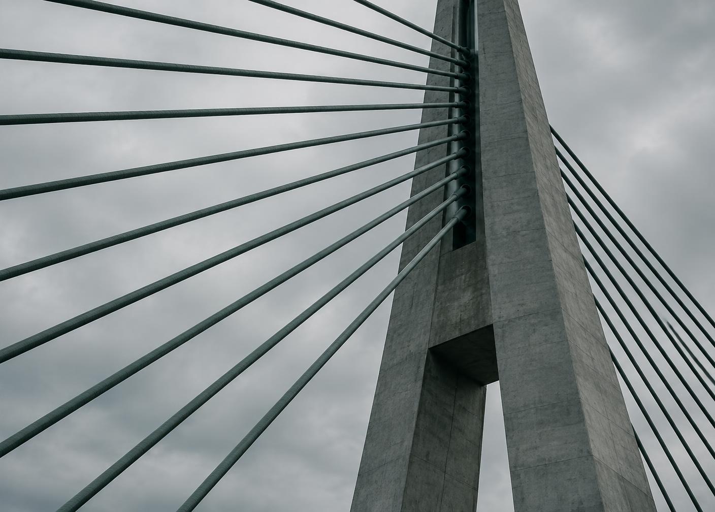 Cable-stayed bridge pylon and stay cables against an overcast sky